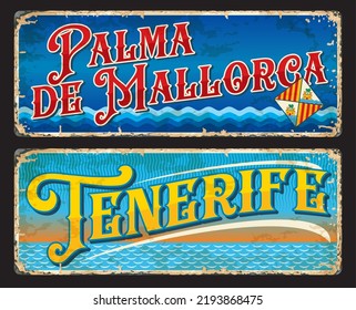 Teneriffa, Palma de Mallorca spanische Stadtplatten und Reiseaufkleber. Vektor Vintage Banner mit Spanien Königreich Regionen, geographische Gebiete Wahrzeichen. Touristische Grunge-Schilder mit heraldischer Symbolkraft