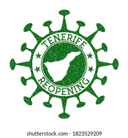 Tenerife Reopening Stamp. Green round badge of island with map of Tenerife. Island opening after lockdown. Vector illustration.