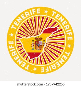 Tenerife round stamp. Logo of island with flag. Vintage badge with circular text and stars, vector illustration.