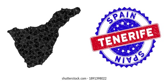 Tenerife Spain Island map polygonal mesh with filled triangles, and rough bicolor stamp seal. Triangle mosaic Tenerife Spain Island map with mesh vector model, triangles have variable sizes,