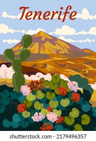 Tenerife Travel Retro Poster, view on volcano Teide, flowers, cactus. Vintage postcard Canary Islands, Spain, vector