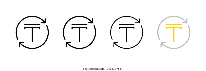 Tenge coin and arrows in a circle. Different styles, arrows in a circle, Tenge coin. Vector icons