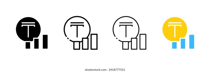 Moneda tensa y gráfica. Distintos estilos, un conjunto de monedas Tenge con un gráfico ascendente, botones de intercambio. Iconos del vector