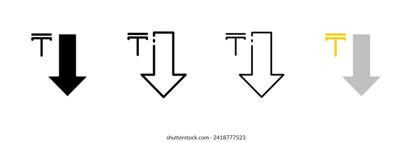 Tenge and down arrow. Different styles, set of Tenge coin icons with down arrow, down arrow. Vector icons