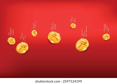 Tenge gold coins falling from top on red background. Realistic 3D gold coins. Ecommerce free credit concept.
