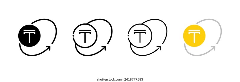 Iconos tenge con flechas en un círculo. Diferentes estilos, juego de monedas Tenge y flechas en círculo. Iconos del vector