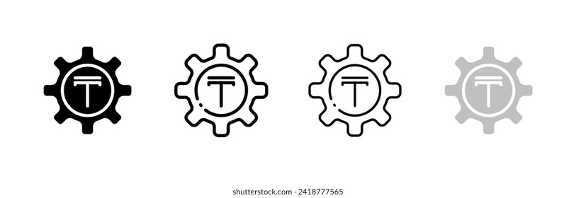 Tenge inside gear icons. Different styles, Tenge coin set, settings design. Vector icons