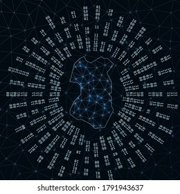 Tenggol Island digital map with binary rays radiating around a glowing island, depicting internet connections and data exchange in a futuristic design. Vector illustration.