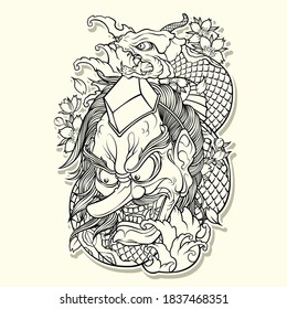 Tengu Demon Lineart Vector With Snake