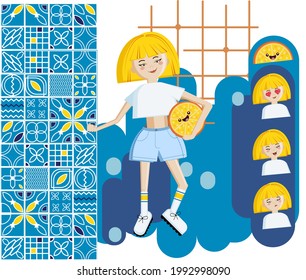 Tenn girl witn red hair geometric charecter vector illustration with geometric pattern blue and orange colors