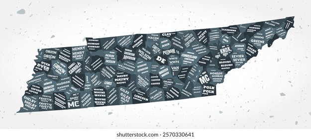 Tennessee counties word clouds. State shape on textured background. Tennessee design in typographic style. Beautiful vector illustration.