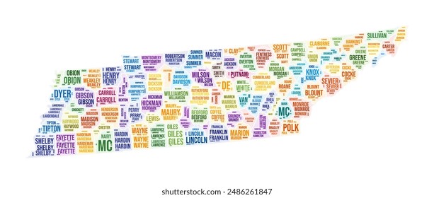 Tennessee county word cloud. State shape design. Tennessee colored illustration. County names collage cloud. Vector illustration.