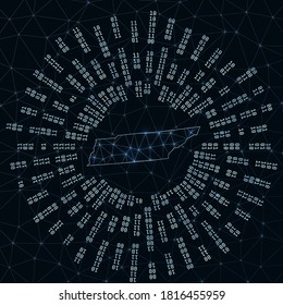 Tennessee digital map. Binary rays radiating around glowing US state. Internet connections and data exchange design. Vector illustration.