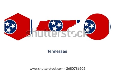 Tennessee flag set. Tennessee USA flag vector. Tennessee flag map, hexagon, and circle