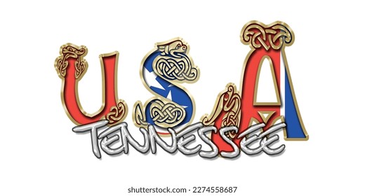 TENNESSEE flag (USA) 3d light bulb alphabet with gold frame isolated on white background. gold glossy dripping  font. Vector illustration.