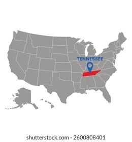 Tennessee highlighted on a US map with location pin, perfect for educational materials or travel planning resources.
