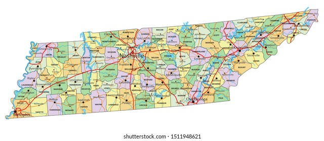 Tennessee - Highly detailed editable political map with labeling.