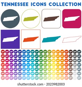 Tennessee icons collection. Bright colorful trendy map icons. Modern Tennessee badge with US state map. Vector illustration.