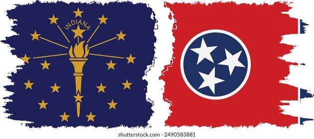 Tennessee and Indiana states grunge brush flags connection, vector