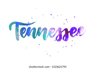 Tennessee - inspirational handwritten brush lettering. Calligraphy watercolor painted text. Typography template for banners, badges, postcard, t-shirt, prints, posters. Blue and purple colored.