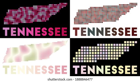 Tennessee map. Collection of maps of Tennessee in dotted style. Borders of the US state filled with rectangles for your design. Vector illustration.