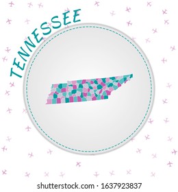 Tennessee map design. Map of the us state with regions in emerald-amethyst color palette. Rounded travel to Tennessee poster with us state name and airplanes background. Amazing vector illustration.