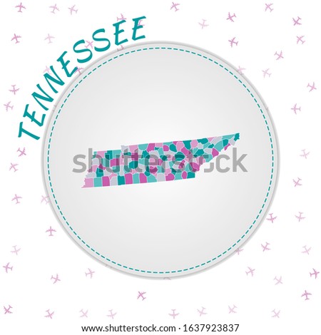 Tennessee map design. Map of the US state with regions in an emerald-amethyst color palette. Rounded travel to Tennessee poster with the state name and airplanes in the background. Amazing vector illustration.