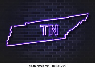 Lámpara de neón brillante o tubo de vidrio en el mapa de Tennessee. Ilustración vectorial realista. Muro de ladrillo negro, sombra suave.