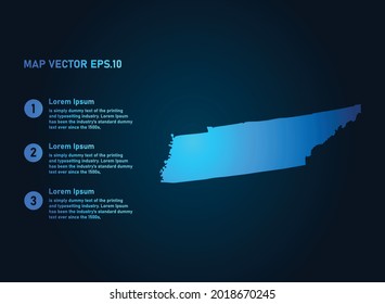 TENNESSEE map, infographic style , on dark background with Map World. Wire frame 3D mesh , map 3D,