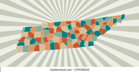 Tennessee map. Poster with map of the US state in retro color palette. Shape of Tennessee with sunburst rays background. Vector illustration.