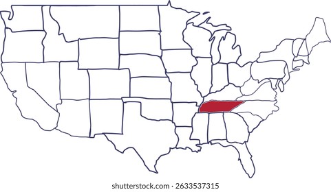 Tennessee Map in Red, map of america highlighting the state of Tennessee