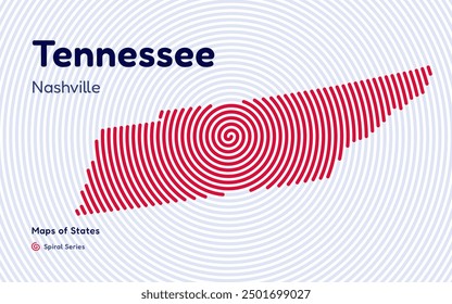 Tennessee Map in Spiral Formation: Nashville Takes Center Stage. Fingerprint and stripes pattern. American states maps
