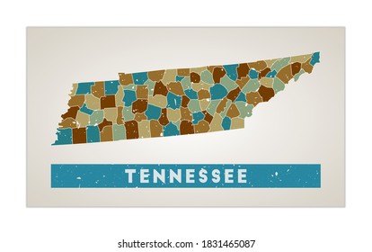 Tennessee map. US state poster with regions. Old grunge texture. Shape of Tennessee with US state name. Powerful vector illustration.