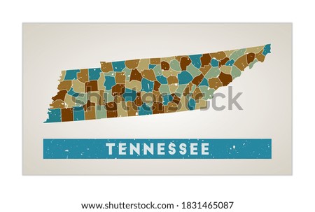 Tennessee map. US state poster with regions. Old grunge texture. Shape of Tennessee with US state name. Powerful vector illustration.