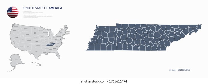 tennessee map. u.s. states vector map of tennessee. us states map. 