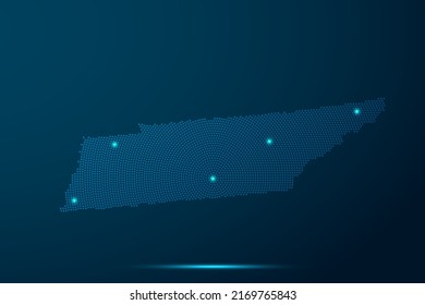 Tennessee Map - USA, United States of America Map vector template with dots, halftone style and light, network line, design sphere on blue technology background -  Vector illustration ep 10