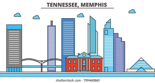 Tennessee, Memphis.City skyline: architecture, buildings, streets, silhouette, landscape, panorama, landmarks, icons. Editable strokes. Flat design line vector illustration concept.