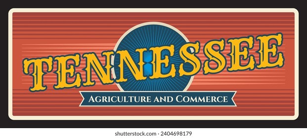 Tennessee metal travel plate, agriculture and commerce state. United states old sign, signboard retro typography, inscription vector. Nashville capital, retro signage of Tennessee