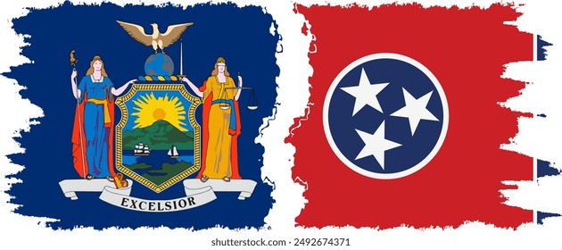 Tennessee and New York states grunge brush flags connection, vector