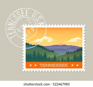 Tennessee postage stamp design. 
Vector illustration of smoky mountains.  Grunge postmark on separate layer