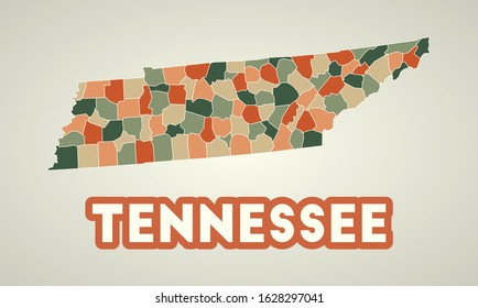 Tennessee poster in retro style. Map of the us state with regions in autumn color palette. Shape of Tennessee with us state name. Awesome vector illustration.