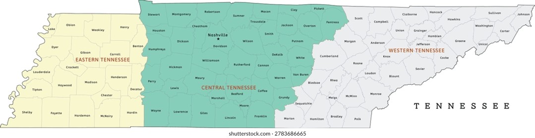 Tennessee regions map with counties. Colored. Vectored