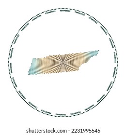 Tennessee round logo. Digital style shape of Tennessee in dotted circle with US state name. Tech icon of the US state with gradiented dots. Stylish vector illustration.