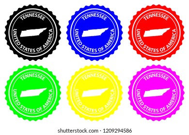 Tennessee - rubber stamp - vector, Tennessee (United States of America) map pattern - sticker - black, blue, green, yellow, purple and red 