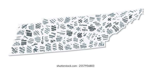 Tennessee shape text cloud. State border with shadow on white background. Tennessee with counties division in vintage gazette style. Amazing vector illustration.