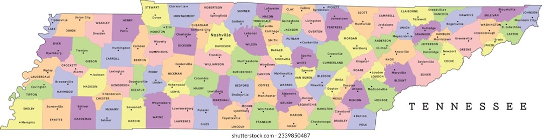 Mapa administrativo del estado de Tennessee con condados y asientos. Clorizado. Vectado. Colores luminosos