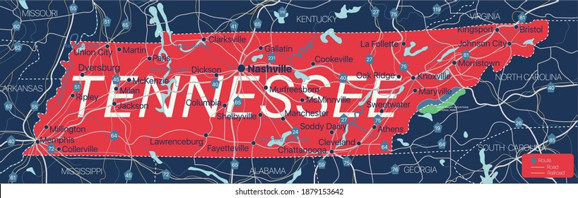 Tennessee state detailed editable map with cities and towns, geographic sites, roads, railways, interstates and U.S. highways. Vector EPS-10 file, trending color scheme