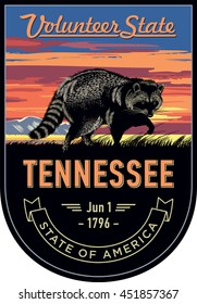 Tennessee state emblem, Raccoon, sunset on a dark background