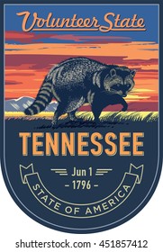 Tennessee state emblem, Raccoon, sunset on a blue background