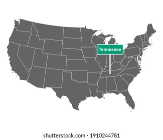 Tennessee state limit sign and map of USA on white